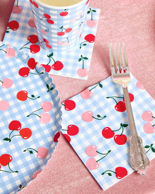 Cherry Napkins - 25 paper napkins, Gingham, Picnic, Party Birthday