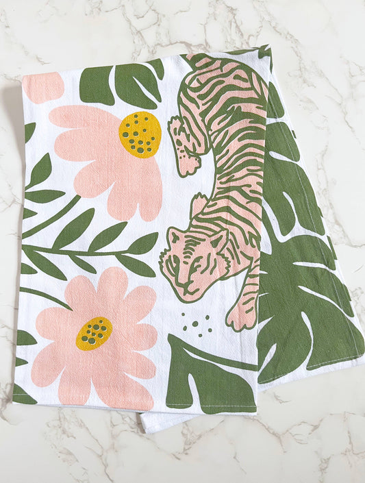 Tiger Floral Tea Towel - Modern Boho Pink and Green Flowers