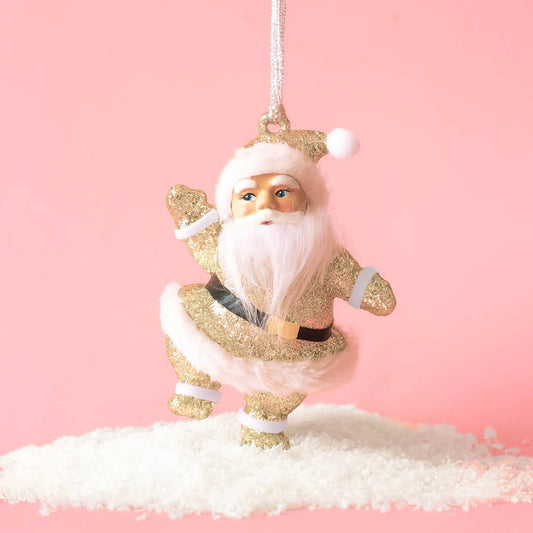 Retro Glitter Dancing Santa Ornament | Gold Sparkle