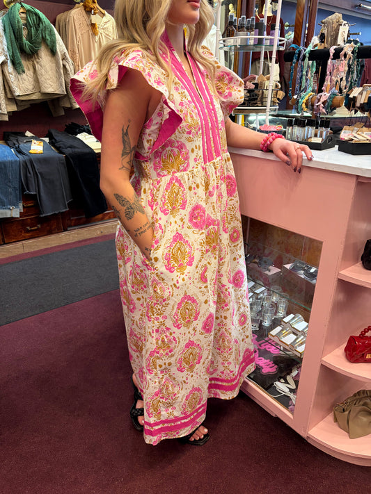 Ruffle Sleeve Pink Exotic Damask Maxi Dress