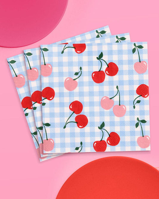 Cherry Napkins - 25 paper napkins, Gingham, Picnic, Party Birthday