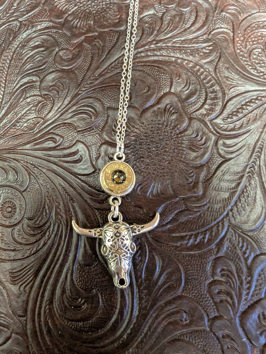 Silver Cow Skull with Caliber Bezel Necklace